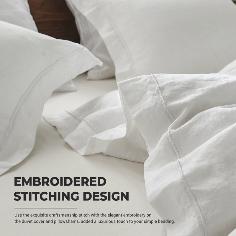 Simple&Opulence 100% Washed Linen Duvet Cover Set with Embroidered, 3 Pieces Soft Farmhouse Comforter Set with Button Closure,1 Duvet Cover and 2 Pillowshams(King,White) - Image 3